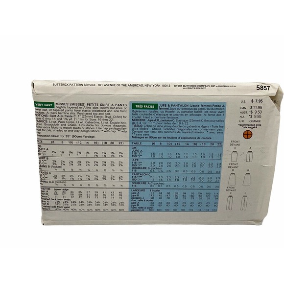 BUTTERICK Sewing PATTERN #5857 Misses Petite PANTS & SKIRTS. SIZE (18-22) - Picture 2 of 4